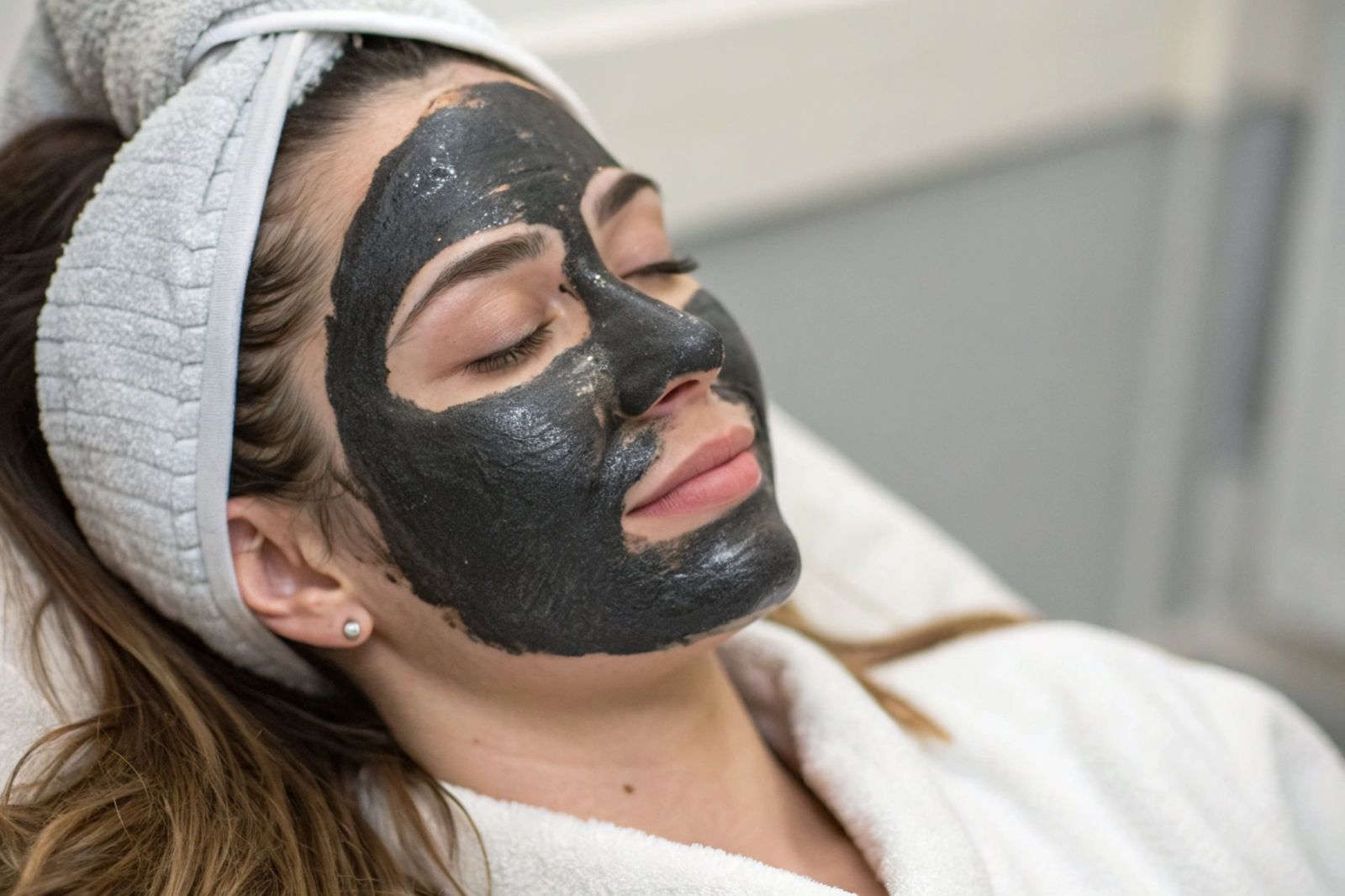 Cliente détendue pendant un soin Carbon Peel, masque au charbon appliqué sur le visage