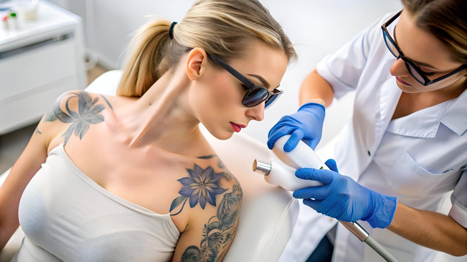 Tatouages floraux sur l'épaule et le bras, pendant une séance de laser