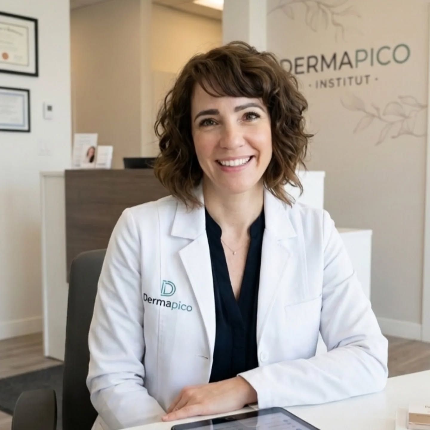 La praticienne de Derma Pico, souriante, à l'accueil de l'institut